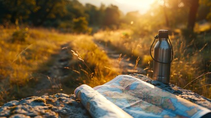 Cycling water bottle and map, trail ahead, early morning