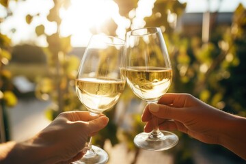Hands holding wine glasses with white wine in the act of toasting in a garden.