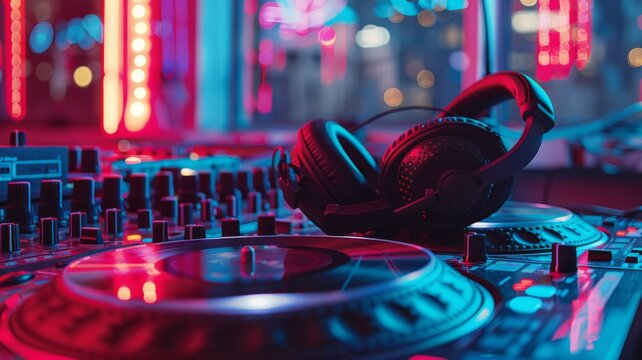 DJ's turntable and headphones, mixing beats
