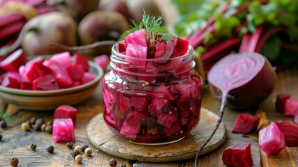 Fresh beetroot next to a jar of pickled beets, preserved earthiness