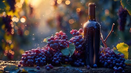 Grapes beside a bottle of wine, vineyard's gift - obrazy, fototapety, plakaty