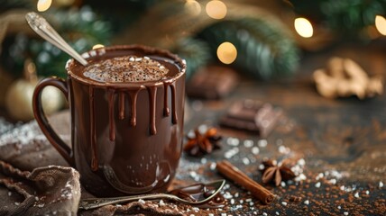 Hot chocolate mug with a melting chocolate spoon, cozy warmth
