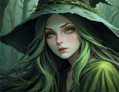 strega del bosco incantato con cappello e occhi verdi. Generative AI