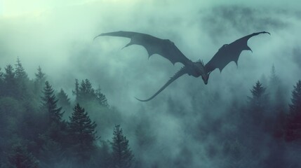 A giant dragon flying over foggy forest. Photorealistic.