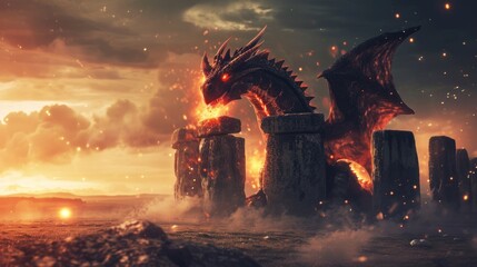 An angry evil dragon at famous Stonehenge ancient mystery site in England UK.
