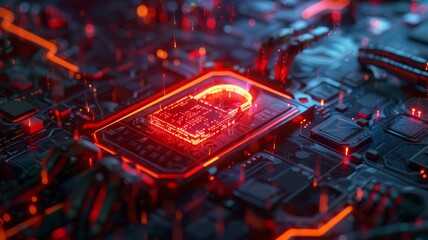 Ransomware lock on glowing computer screen, danger alert