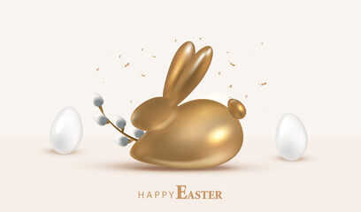 Happy Easter card background. White metallic white eggs and gold rabbit. Holiday banner with golden easter bunny and catkins. Holidays festive vector.