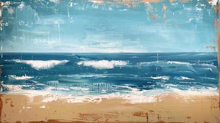 Closeup of impasto abstract rough seascape and beach. Blue, white and beige colors, art painting canvas texture..