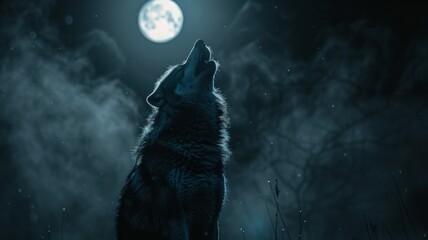 Shadowy figure of a werewolf howling on a full moon night - obrazy, fototapety, plakaty