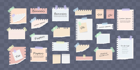 Paper notes on stickers, notepads and memo messages torn paper sheets. White and colorful striped note, copybook, notebook sheet. Office and school stationery, memo stickers. Vector illustration. - obrazy, fototapety, plakaty
