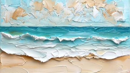 Closeup of impasto abstract rough seascape and beach. Blue, white and beige colors, art painting canvas texture..