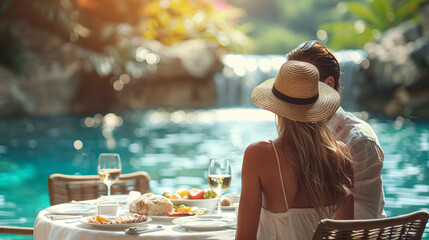 A couple is sitting at a table by a pool, enjoying a meal and drinks - Powered by Adobe