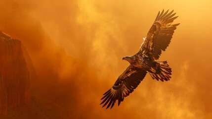 Fototapeta premium A bald eagle flying in sky at sunrise in wild.