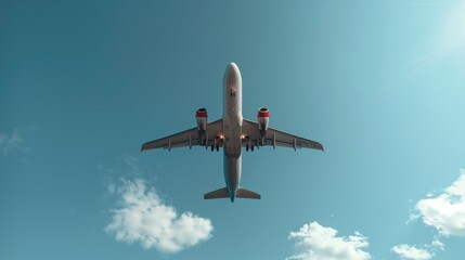 Fototapeta premium Airplane Flying High in Clear Blue Sky