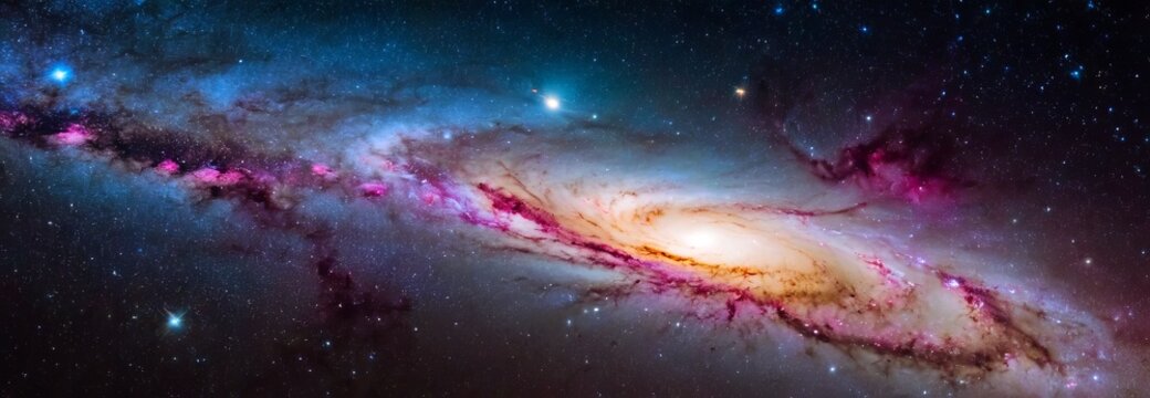 Stunning spiral galaxy with vibrant colors. with shining stars and cosmic dust, highlighting the beauty of the Universe. Wide banner