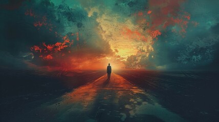 A figure standing at a crossroads, indecision and life's choices - obrazy, fototapety, plakaty