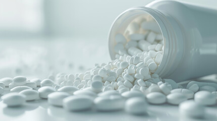 Immagine di un flacone di pillole rovesciato con compresse bianche sparse su un tavolo di legno