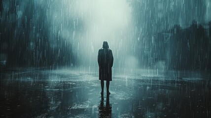 A figure standing in the rain without an umbrella, acceptance of sorrow - obrazy, fototapety, plakaty