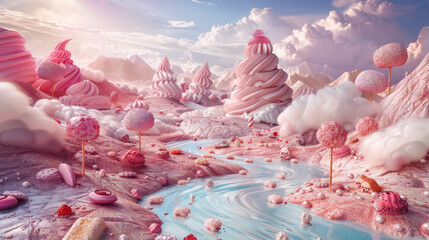 sfondo rosa di paese iperealistico fatto  di zucchero filato , gelato e panna montata, montagne di panna, fiume di  sciroppo, lecca lecca e dolci  , cielo azzurro con nuvolette rosa - obrazy, fototapety, plakaty