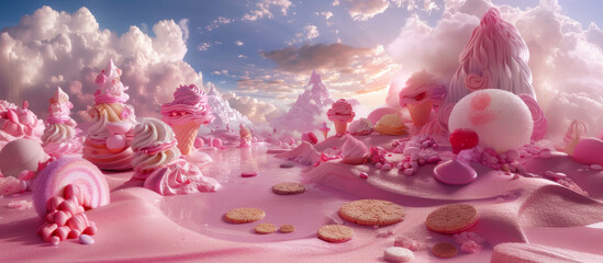 sfondo rosa di paese iperealistico fatto  di zucchero filato , gelato e panna montata, montagne di panna, fiume di  sciroppo, lecca lecca e dolci  , cielo azzurro con nuvolette rosa - obrazy, fototapety, plakaty