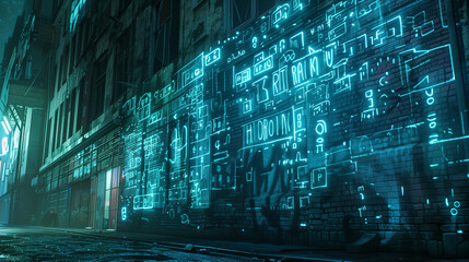 A digital rendering of the graffiti alphabet projected on a city building at night - obrazy, fototapety, plakaty