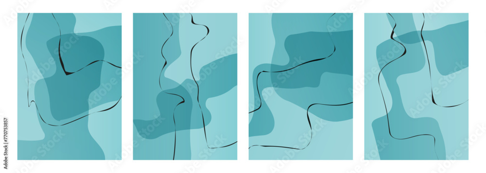 Poster set of abstract backgrounds with various curved blue colored shapes and black lines for creative gra