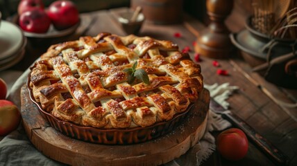 A rustic pie fresh out of the oven, home-cooked comfort, - obrazy, fototapety, plakaty