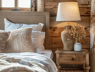 Primo piano di lampada da comodino rustica vicino al letto con testiera in legno. Arredamento di una camera da letto moderna in stile rustico francese, casalingo e provenzale,