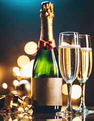 Champagne bottle with two glasses against bokeh background - 770754066