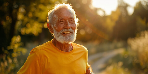 Felice uomo  atletico di 80 anni che fa jogging all'aperto, spazio per testo, signore anziano con...