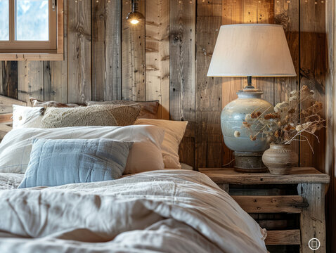 Primo piano di lampada da comodino rustica vicino al letto con testiera in legno. Arredamento di una camera da letto moderna in stile rustico francese, casalingo e provenzale,