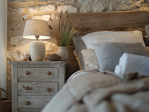 Primo piano di lampada da comodino rustica vicino al letto con testiera in legno. Arredamento di una camera da letto moderna in stile rustico francese, casalingo e provenzale,