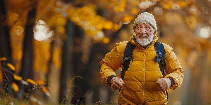 Felice uomo  atletico di 80 anni che fa jogging all'aperto, spazio per testo, signore anziano con giaccavento che corre le bosco