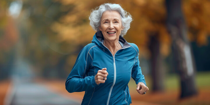 Felice donna atletica di 80 anni che fa jogging all'aperto, spazio per testo, signora anziana con giaccavento che corre le bosco con fiori di pesco sullo sfondo