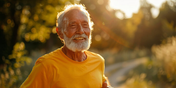 Felice uomo  atletico di 80 anni che fa jogging all'aperto, spazio per testo, signore anziano con maglietta gialla che corre le bosco
