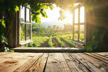 Empty wooden table and vineyard view out of open window. Generative AI