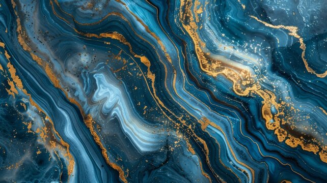 Fluid marble textures, swirling patterns of blue and gold, luxurious feel