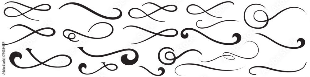 Fototapete set of hand drawn curly swishes, swashes, swoops. calligraphy swirl. highlight text element vectors 