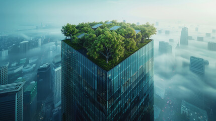 dettagli di un edificio per uffici iperrealistico ed ecologico in una città moderna. Facciata in vetro sostenibile con alberi integrati per ridurre il calore e l'anidride carbonica. Giardini pensili  - obrazy, fototapety, plakaty