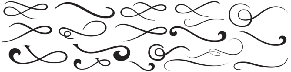 Fotobehang Set of Hand drawn curly swishes, swashes, swoops. Calligraphy swirl. Highlight text element Vectors isolated on transparent background. Underline typography tail shape. Brush drawn thick curved smear. © Quirk Craft Studio