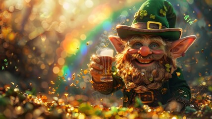 Leprechauns with craft beer, rainbow and gold, cheers to luck