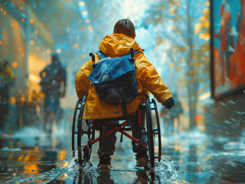 giovane disabile visto di spalle su sedia a roelle lungo una strada di città, concetto di disabilità nel mondo moderno