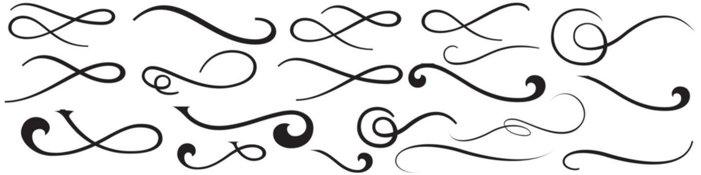 Set of Hand drawn curly swishes, swashes, swoops. Calligraphy swirl. Highlight text element Vectors isolated on transparent background. Underline typography tail shape. Brush drawn thick curved smear.