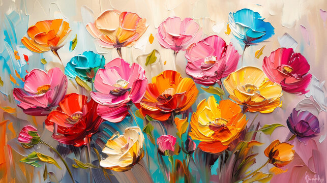 Pittura a olio di fiori. Sfondo di arte astratta. Fiori colorati, pennellate materiche