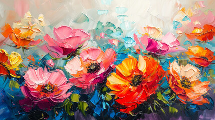 Pittura a olio di fiori. Sfondo di arte astratta. Fiori colorati, pennellate materiche