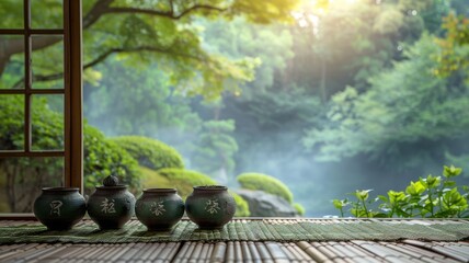 Samurais with green tea, zen garden, tranquility and tradition - obrazy, fototapety, plakaty
