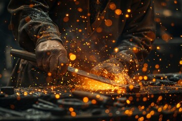Forging Destiny,Witnessing the Craftsmanship of a Dwarven Blacksmith Crafting a Magical Sword in a Medieval Forge - obrazy, fototapety, plakaty
