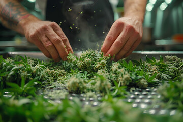 Hands meticulously harvesting fresh cannabis, sustainable agriculture practice. - obrazy, fototapety, plakaty