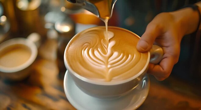 close up photo of Professional barista making amazing latte art, in heart shape