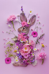 Easter bunny made of spring flowers isolated on pastel lilac background